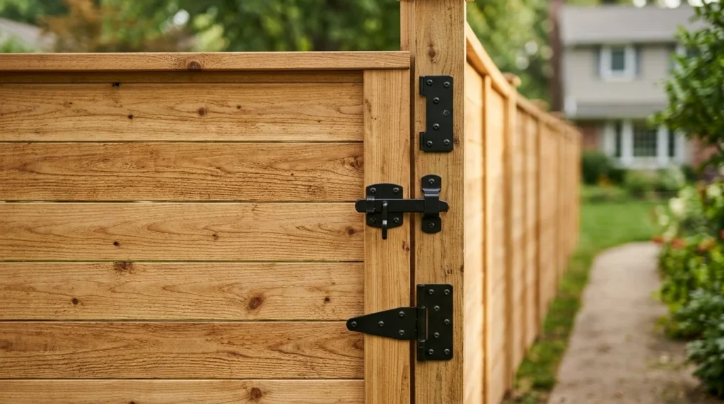 A close-up view of a finished horizontal cedar wood fence gate, showing the texture of the grain highlighted by morning light and robust black metal hinges and a latch.