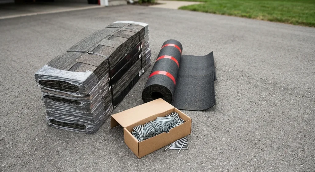 A close-up, top-down photorealistic shot showing bundled dark asphalt shingles, two rolls of black roofing underlayment, and an open cardboard box of metallic roofing nails. The materials are neatly staged on a clean asphalt driveway surface under soft, natural light, with a shallow depth of field and no logos.
