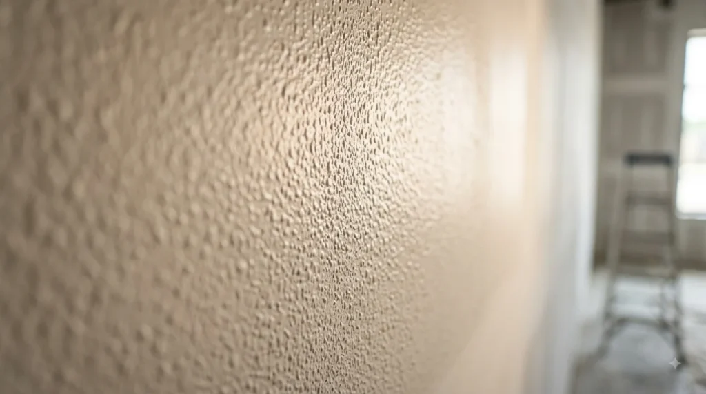 A photorealistic close-up photograph showing the subtle, bumpy texture of an off-white wall under strong, directional raking light. The shallow depth of field highlights a central area of the "orange peel" finish, while the far wall blurs into a soft construction site background.