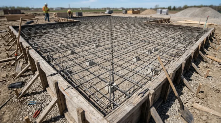 A precise, overhead photograph looking down on a complete grid of steel rebar tied together and resting on concrete chairs inside a large wooden slab form, situated on a construction site.