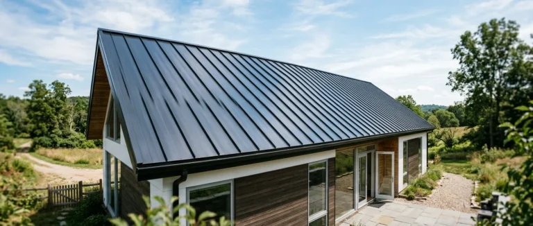 Wide shot of a modern barn-style building featuring a clean standing-seam metal roof reflecting a bright blue sky.
