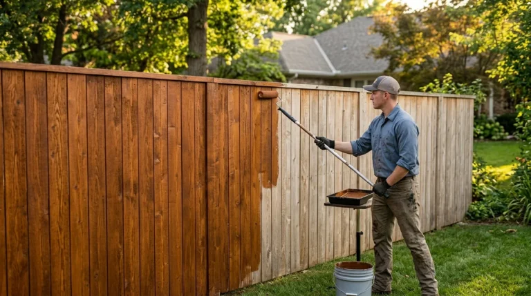 A male worker wearing a blue work shirt, baseball cap, and gloves uses a long-handled paint roller to apply a rich brown wood stain to a weathered cedar privacy fence in a backyard. A distinct line shows the contrast between the newly stained dark brown wood and the lighter, unstained cedar. Warm late-day sunlight illuminates the scene, with a blurred residential home and trees in the background.