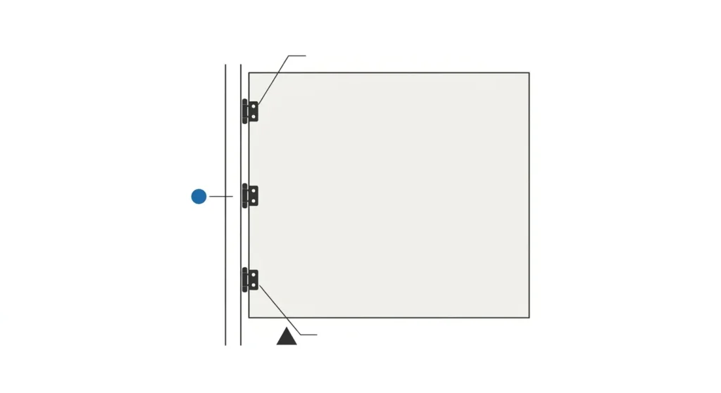 A minimalist flat-design vector technical illustration on an off-white background. A central large off-white rectangular panel represents a heavy gate. Three small black hinge markers are evenly positioned along the left edge, showing alignment and spacing. To the left, two thin charcoal vertical lines indicate the post. A single solid blue dot marks a measurement reference point on the post. Below, a small solid charcoal triangle points up toward a leader line indicating the bottom hinge area. Two black angled leader lines point to the top and middle hinges. The style is clean and precise with no text.