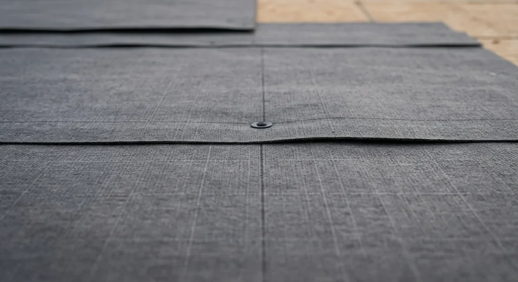 A close-up photorealistic photograph, taken under natural light, focuses on the horizontal seam between two courses of dark gray synthetic roof underlayment. The textured material grain is visible, and factory-printed alignment lines are subtle but clear. The background blurs into other layers and the bare roof deck.
