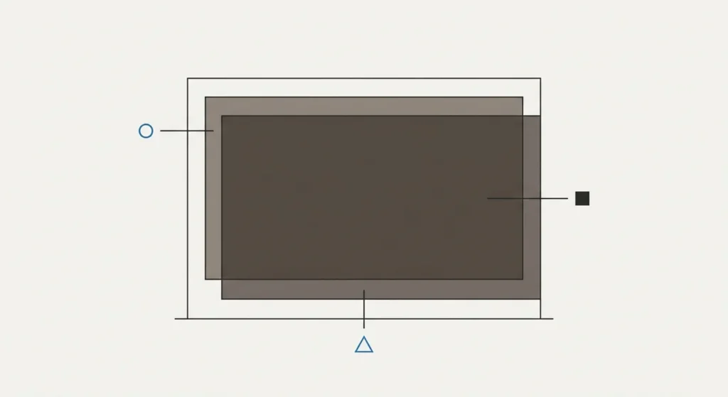 A minimal flat-design technical illustration on an off-white background. A thin black outline forms a rectangular fence panel frame. Inside, two semi-transparent charcoal-gray rectangular layers overlap each other, visually demonstrating the concept of applying two coats of stain. Simple geometric markers in blue (an open circle on the left and an open triangle below) act as non-readable labels connected by clean leader lines, along with a solid black square marker on the right.