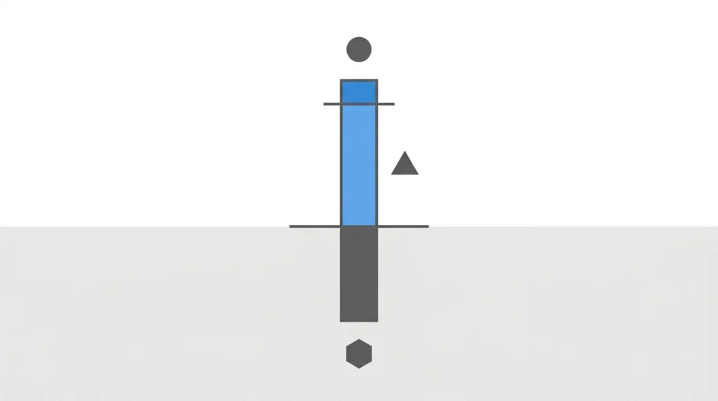 A simple, clean, flat-design side-view vector illustration diagram of a vertical fence post on a split white and grey background. The ground plane is marked by a horizontal grey line. The upper, visible part of the post is shaded light blue. The lower, buried part is shaded dark grey. Simple geometric labels (circle, triangle, hexagon) indicate the distinct sections.