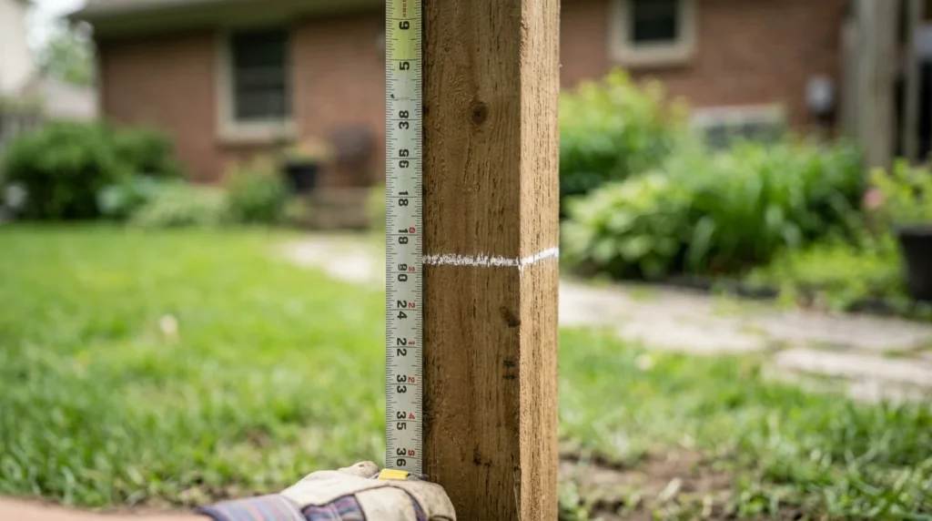 A high-resolution, photorealistic close-up of the lower section of a vertical 4x4 wood fence post. A white chalk line marks the grade level, and a tape measure is stretched vertically, starting at zero at the line and measuring the 'buried' length down the cleaned post. A carpenter's glove holds the tape hook taut in the lower corner.