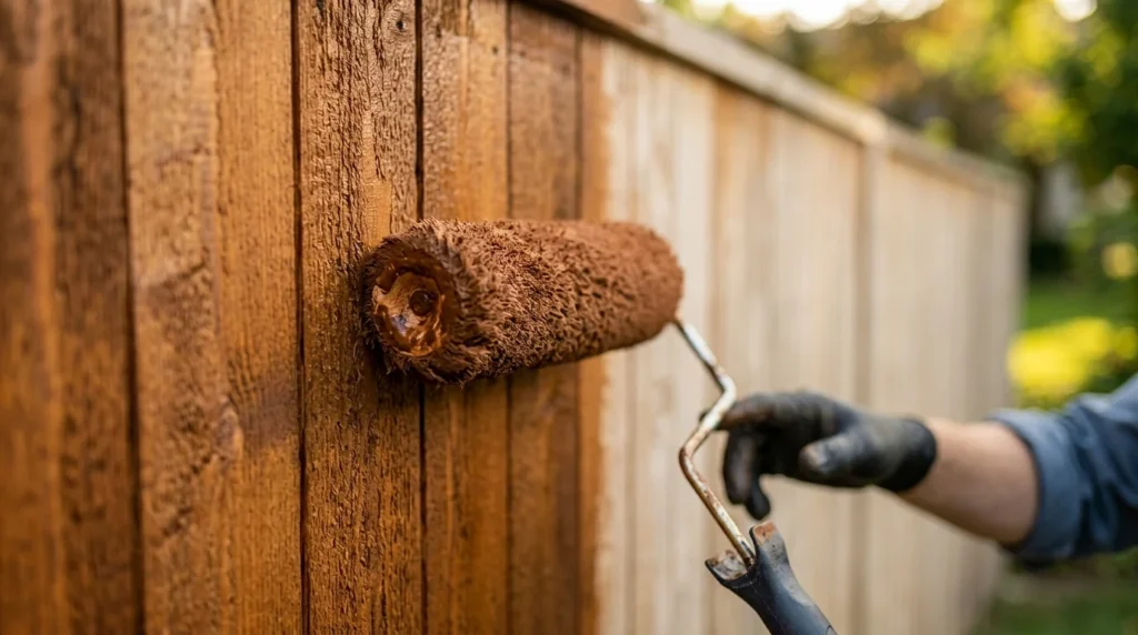 A close-up photograph of a heavily saturated, thick nap paint roller mid-stroke against vertical rough-sawn cedar fence boards. A gloved hand holds the roller frame. The rich, wet brown wood stain is being absorbed into the coarse texture of the wood grain, creating a stark contrast with the unstained section. The background is softly out of focus in warm daylight.