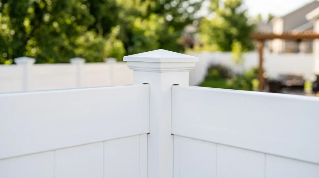 A detailed close-up photograph of a white vinyl fence post. A clean, classic-style pyramid post cap is installed on top. Two vinyl fence panels are seen connected to the shared post, illustrating the custom-routed slots where the smooth horizontal rails are securely inserted, creating a tight and professional modular joint. The surrounding backyard trees are visible but heavily blurred in the background.