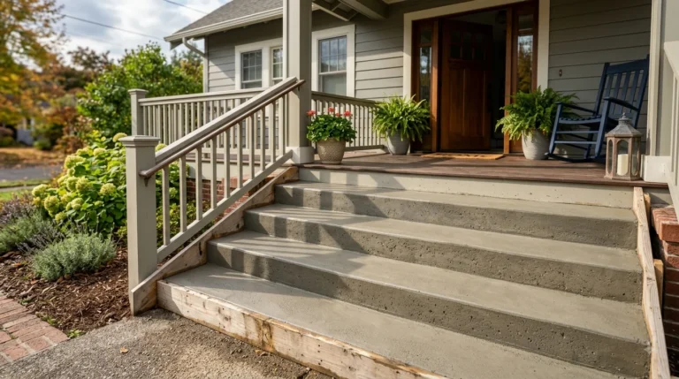 Newly poured concrete steps leading to a residential front porch with wooden formwork still attached.