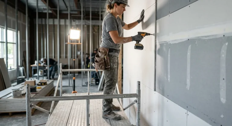 Photorealistic photograph inside a large construction site. A female drywall finisher, standing on a rolling metal scaffold, uses a yellow cordless screw gun to fasten a new, large sheet of drywall to a wall already partially covered in grey drywall, creating a double-layer assembly.