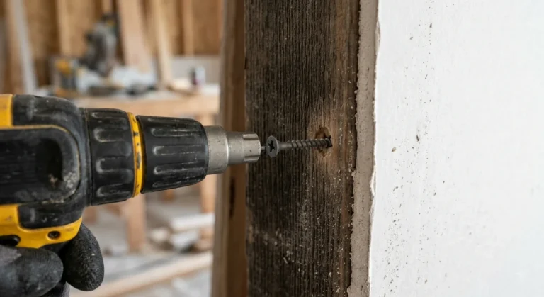 Close-up of a drywall screw gun driving a screw into drywall over a wood stud.