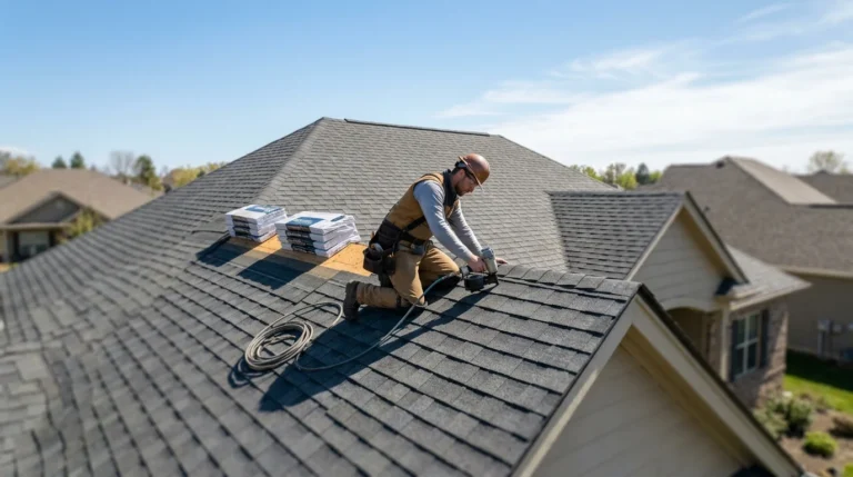 Drone photo of a roofing contractor kneeling on a steep asphalt-shingle roof, using a nail gun next to shingle bundles.