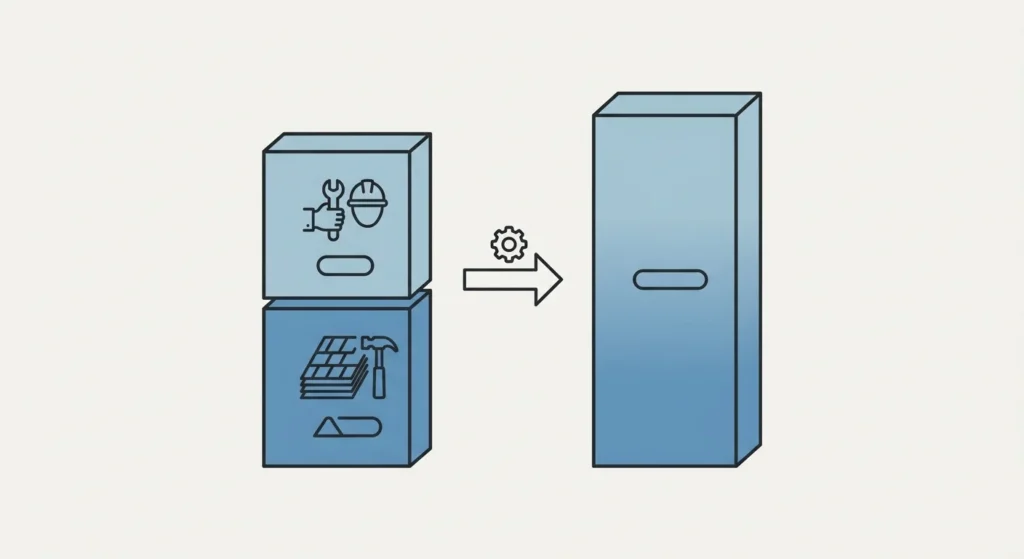 A simple, flat-design vector illustration on an off-white background showing a cost breakdown. On the left, two stacked blocks, conceptually representing 'material' and 'labor,' are shown. An arrow points to a single, larger block on the right, labeled with a simple shape. The colors are muted safety blue, charcoal, and off-white. The diagram uses minimal line art, ample white space, and contains no text, numbers, or watermarks.
