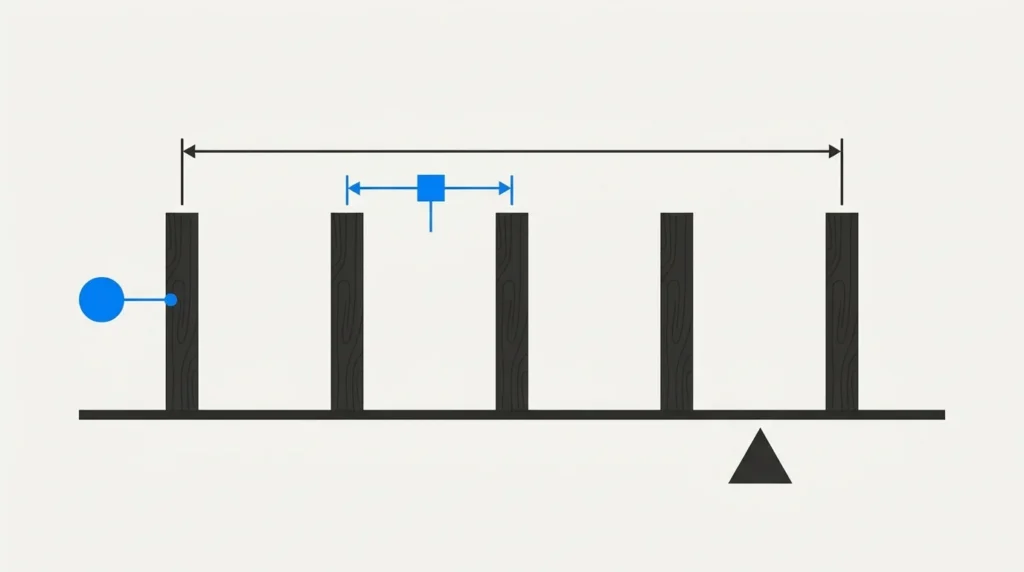 Flat-design technical illustration displaying vertical posts spaced evenly along a baseline, highlighted with blue measurement indicators and geometric symbols.
