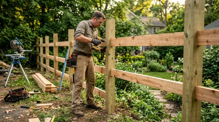 A carpenter using a cordless drill to secure horizontal wooden rails to vertical fence posts in a backyard setting.