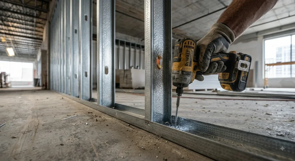 A close-up photograph taken from a low angle on a raw concrete floor. A worker's gloved hand holds a yellow and black cordless impact driver, actively fastening a galvanized metal stud into the bottom metal track with a self-tapping screw.