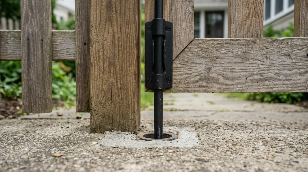 A photorealistic close-up photograph capturing the robust drop rod (cane bolt) mechanism at the bottom edge of a large, heavy-duty double wood gate leaf. The matte black metal drop rod is fully extended downward through its guiding sleeve and dropped securely into a set, cast metal ground sleeve embedded in textured concrete paving. The weathered wood grain of the gate is prominent. The ground is rough aggregate concrete. Soft directional daylight illuminates the textures. The perspective is low to the ground. The background shows a blurred residential garden pathway.
