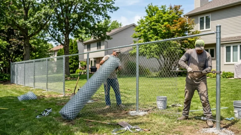A photorealistic professional editorial photograph shows a wide view of a chain link fence installation in progress. Two workers are stretching galvanized mesh fabric taut between two metal posts in a grassy suburban backyard. Green trees and neighboring houses are in the softly blurred background under clear daylight.