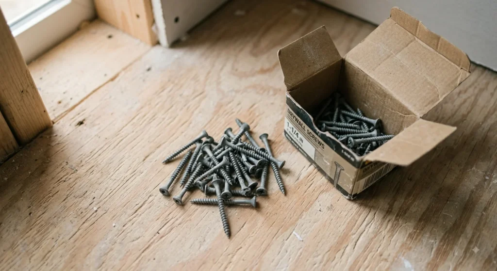 A small pile of coarse-thread drywall screws next to an open cardboard box on subfloor plywood.