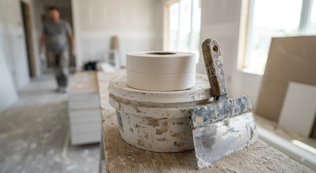 A close-up photograph of a roll of standard white paper drywall tape resting on the lid of a five-gallon plastic bucket of joint compound. A worn, well-used metal taping knife with a wooden handle rests against the bucket's side.