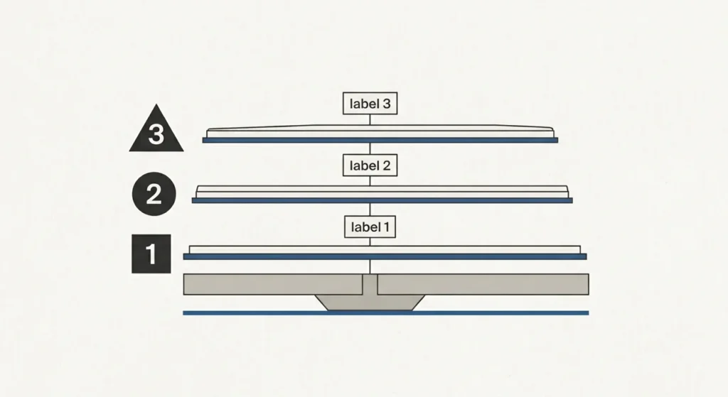 A flat-design vector schematic on an off-white background illustrating a cross-section of a drywall seam. Three stacked, sequential bands—highlighted with safety-orange accents and labeled 1, 2, and 3—show the progressive wider application of three compound coats.