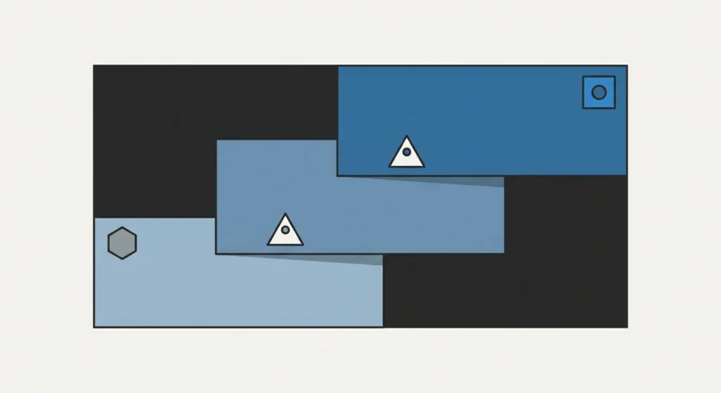 A simple, flat-design technical illustration on an off-white background shows three horizontal bands layered vertically. The bands overlap one another, illustrating the principle of "shingled" rows for underlayment. The bands are in muted safety blue, charcoal, and gray tones. Abstract geometric shape labels (hexagon, square) replace text. There are no readable words or numbers.