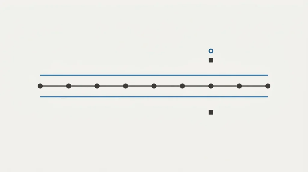 A clean, minimalist flat-design vector technical illustration on a cream background. A horizontal charcoal-gray main line features evenly spaced small solid charcoal circular post markers. Two distinct, parallel solid blue lines run continuous, one above and one below the main line, representing the tension wires. Simple charcoal geometric shapes serve as non-readable labels near the cluster.