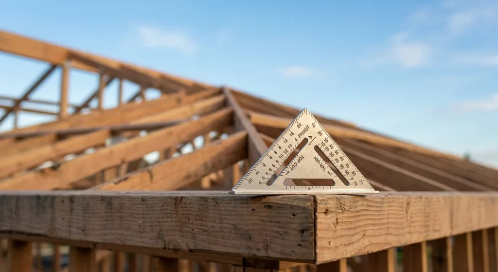 A detailed close-up shot focusing on a metal speed square resting on the rough, weathered edge of a wooden rafter. The etched angle markings are critically sharp, while the intricate framing and soft blue sky blur into the background.