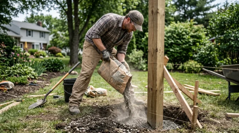A construction worker in a plaid shirt and cap pours a bag of dry concrete mix into a dug hole around a vertical wood fence post. The backyard setting includes green foliage, a shovel, and a wheelbarrow under natural daylight.