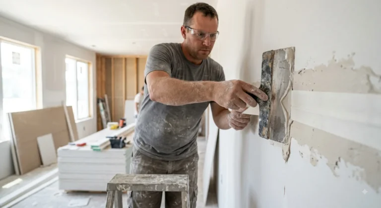A close-up, high-definition photograph of a male drywall finisher in a dusty work environment applying paper joint tape into wet mud along a wall seam using a wide taping knife.