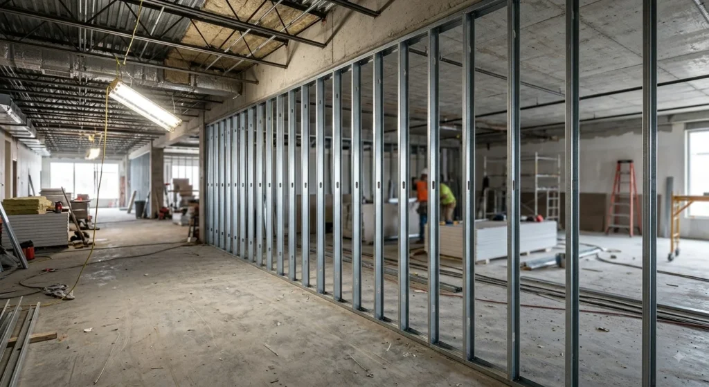 Photorealistic photograph inside an active commercial construction site. A long row of vertical galvanized metal studs is perfectly aligned and framed within top and bottom metal tracks, receding into a spacious, well-lit interior.