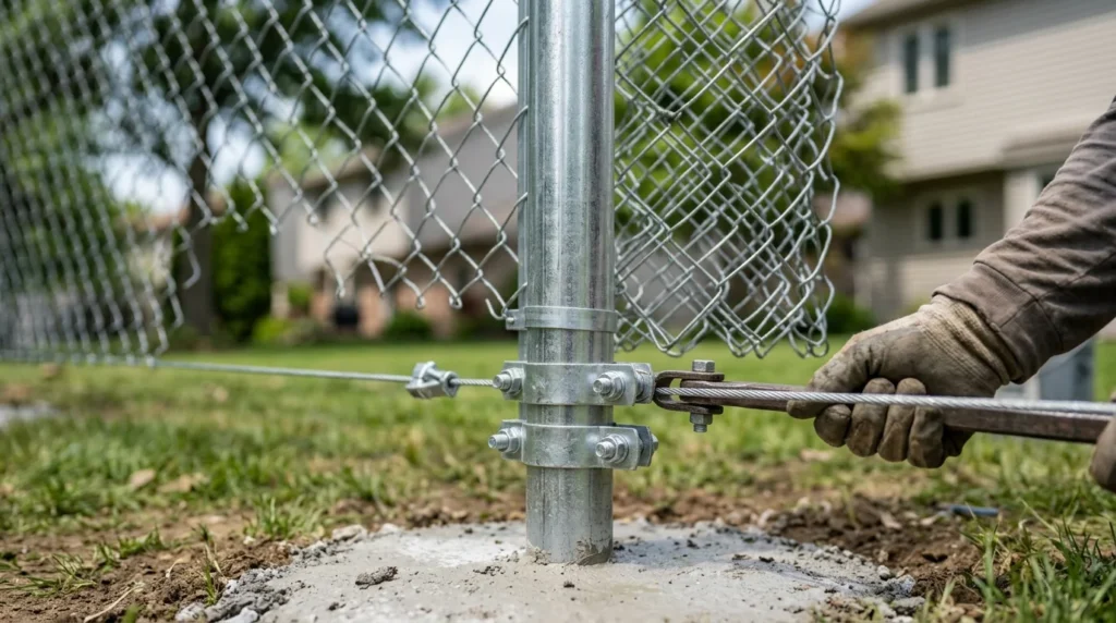 A close-up, ground-level photograph focuses on a galvanized steel terminal post for a chain link fence. A worker's hand in a work glove uses a tensioning tool to pull a robust horizontal tension wire taut against specialized clamps and bands. The complex diamond pattern of the chain link fabric fills the blurred background under natural daylight.