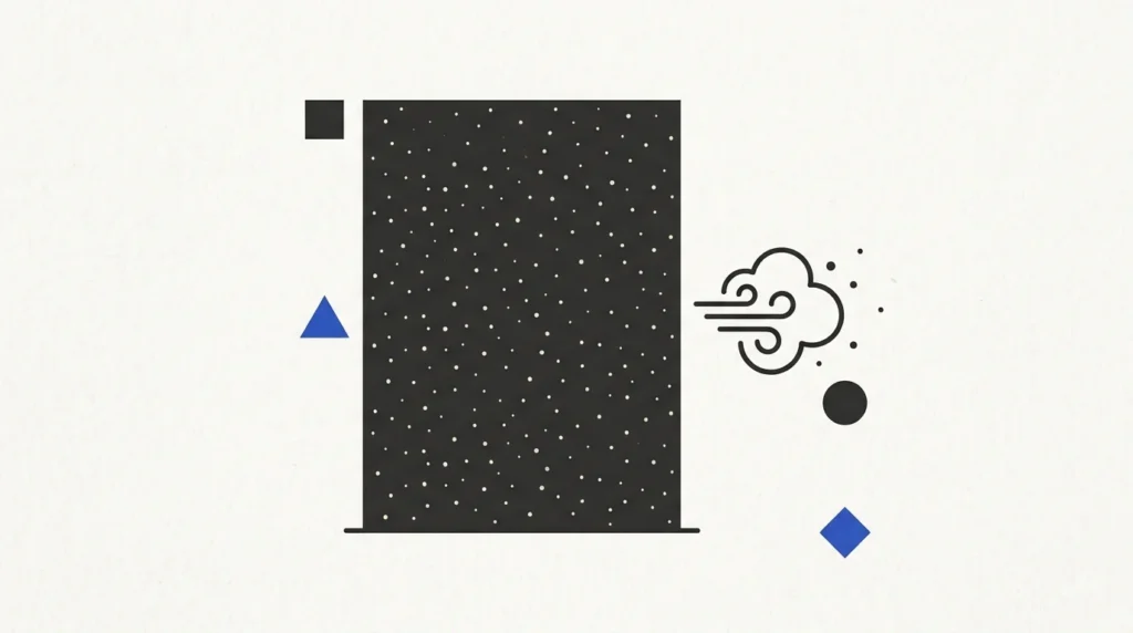 A minimalist flat-design technical diagram on a light paper background. A charcoal-colored rectangle with a dot pattern is featured, with a blue triangular geometric marker to its left. To its right, a black-line cloud icon with a swirling wind tail symbolizes overspray, marked with a blue diamond geometric marker.