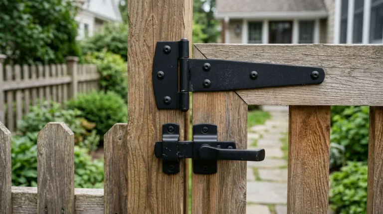 A photorealistic close-up view of weathered natural wood fence gate hardware. The heavy-duty matte black metal hinge and lever latch fittings are sharply mounted with visible bolts onto the rough-grained cedar wood post. Natural, soft directional daylight illuminates the scene. The lush green foliage of a suburban backyard is softly blurred in the background.