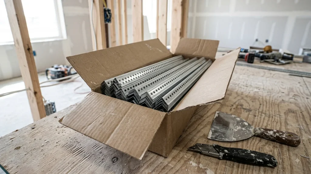 Overhead close-up photo showing an open cardboard box filled with stacks of metal corner bead next to a drywall taping knife and utility knife on a plywood floor.