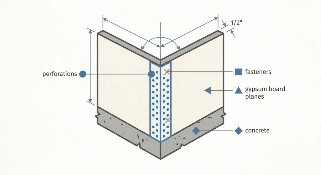 A clean, flat-design technical vector diagram illustrating the layered components of an outside drywall corner: drywall panels, metal bead, and mud layers.