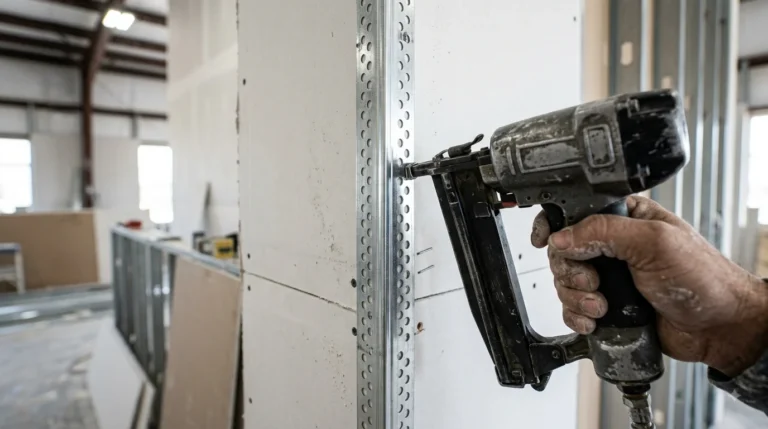 Close-up photograph of a metal corner bead being stapled onto an outside drywall corner in a construction site interior.