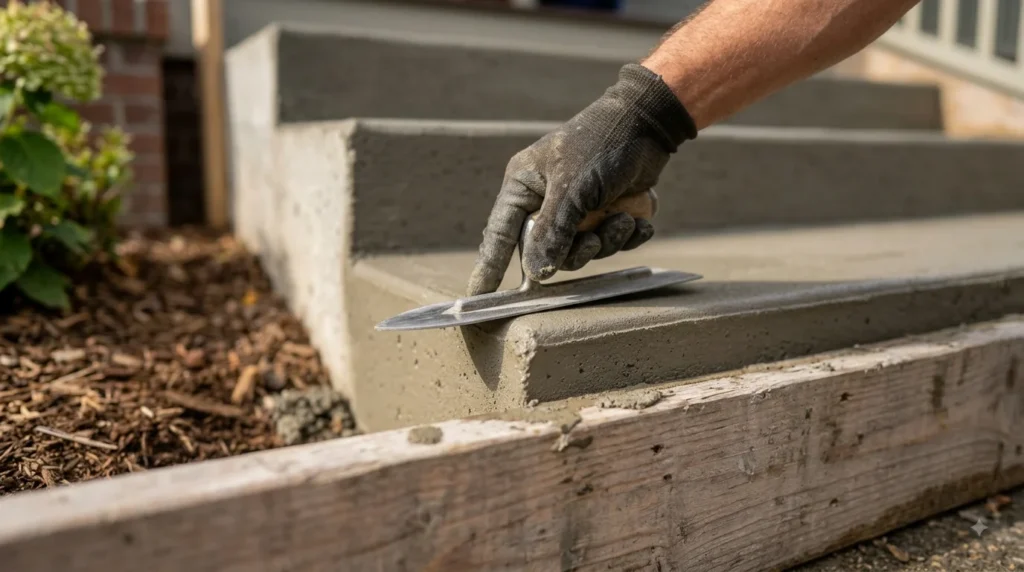 Close-up of a worker using a metal hand trowel to smooth the top edge of a concrete stair step.