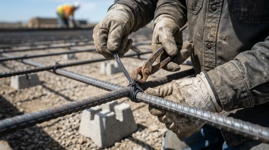 A close-up photograph of a construction worker's heavily gloved hands using pliers and tie wire to secure a crossing point of two dark steel rebar sections.