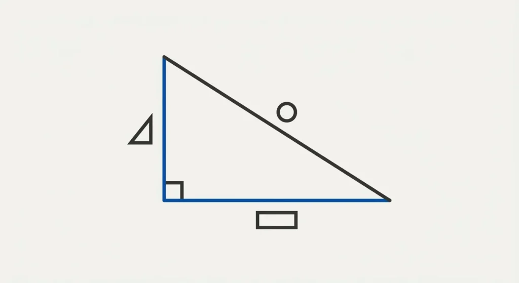 A clean, flat-design vector illustration of a right-angled triangle. It features a vertical "rise" line, a horizontal "run" line (meeting at a small square indicating a right angle), and a sloped hypotenuse. Simple abstract shapes serve as labels in a muted safety blue, charcoal, and off-white construction palette.