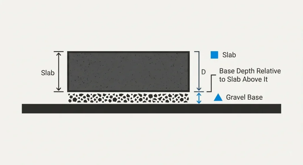 A simple, flat-design cross-section diagram showing a thick grey concrete slab supported by a thin grey gravel subbase.