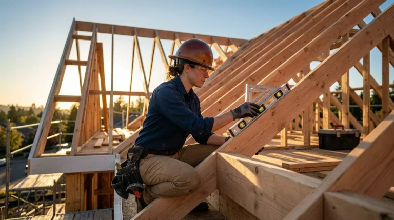 A candid, professional photograph capturing a carpenter in a hard hat and safety glasses holding a speed square and level against an exposed wood roof rafter. Golden hour sunlight streams through the complex framing structure under a clear sky.