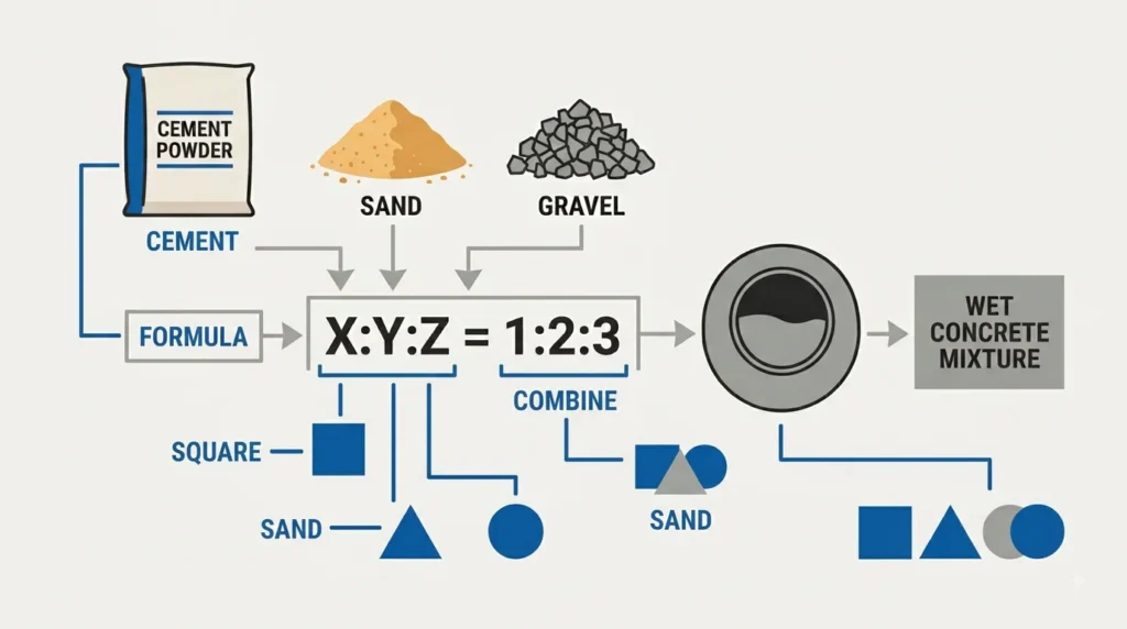 A simple, flat-design technical illustration graphic demonstrating a 1:2:3 concrete mixing ratio. It uses grey blocks, arrows, and safety orange labels for 'CEMENT', 'SAND', 'GRAVEL', and 'MIX'.