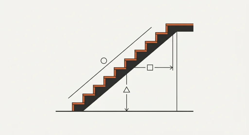 Minimalist vector diagram showing the side profile silhouette of a staircase to illustrate stair rise and run ratios.