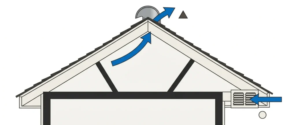A simplified architectural cross-section diagram showing a dark grey gabled house and attic. A large blue curved arrow shows air entering the rightsoffit, moving up the attic, and exiting a specific metal ridge vent with a small grey triangular symbol. A small off-white circle is near the soffit vent.