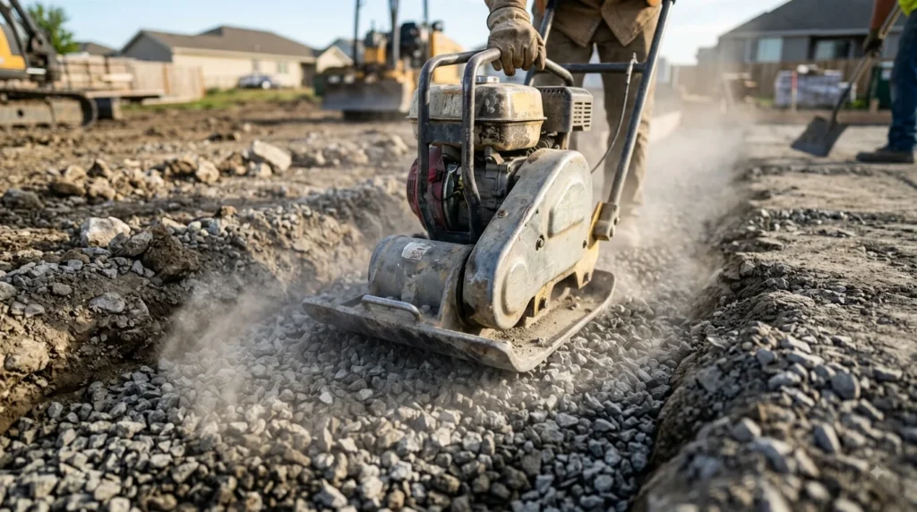 Close-up of a vibrating plate compactor machine moving forward on a gravel-filled trench.