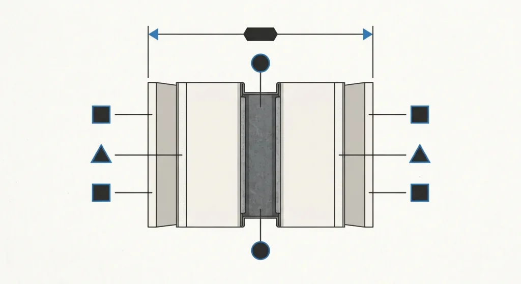 A minimalist, flat-design technical vector diagram on an off-white background. It illustrates a detailed cross-section of a double-layer fire-rated wall assembly centered around a core metal C-stud. Geometric labels (blue squares, circles, triangles) indicate components, and all accents and dimensional indicators use a construction blue color.