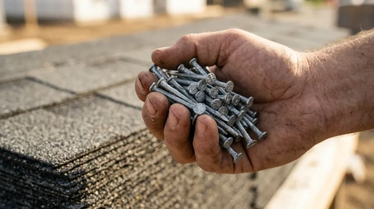 A detailed macro photograph of a contractor’s rugged hand holding a pile of grey, galvanized roofing nails. The blurred background shows the dark texture of asphalt shingles under warm natural light.